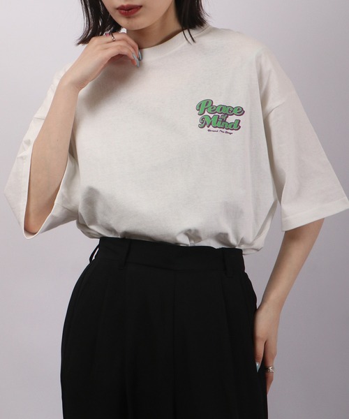 spiritoso（スピリトーゾ）の「spiritoso Peace Mind ロゴプリント 半袖Tシャツ（Tシャツ/カットソー・レディース・ホワイト/スミクロ/レモンイエロー/サックスブルー・F）」の6枚目の写真