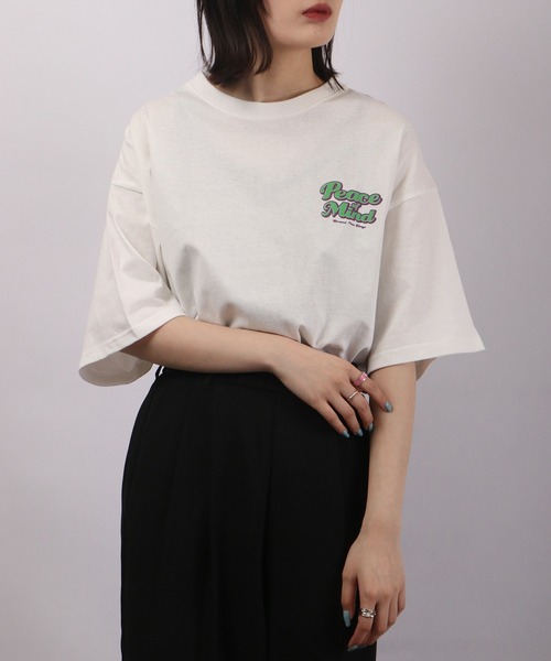 spiritoso（スピリトーゾ）の「spiritoso Peace Mind ロゴプリント 半袖Tシャツ（Tシャツ/カットソー・レディース・ホワイト/スミクロ/レモンイエロー/サックスブルー・F）」の8枚目の写真