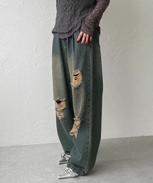 ウォッシュ加工タックデニム