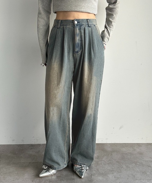 セール】ウォッシュ加工タックデニム（デニムパンツ）｜apres jour