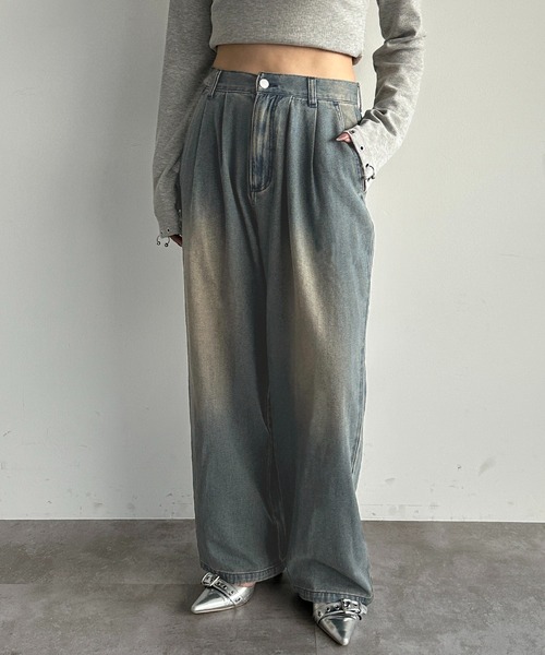 セール】ウォッシュ加工タックデニム（デニムパンツ）｜apres jour