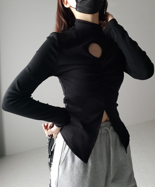 me+em select（ミームセレクト）の「【  裏起毛 】カットアウトシャーリングスリットリブトップス（Tシャツ/カットソー・レディース・グレー/アイボリー/ブラック・FREE）」の6枚目の写真