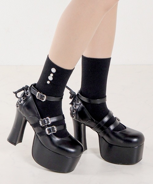 LOVEHUNTER(ラブハンター)の「LOVE HUNTER / 軽量厚底 11.5cmチャンキーヒール バックリボンストラップパンプス(1645)(パンプス・レディース・ブラック/ブラック系その他/ホワイト・M/L/LL/S/SS)」の8枚目の写真