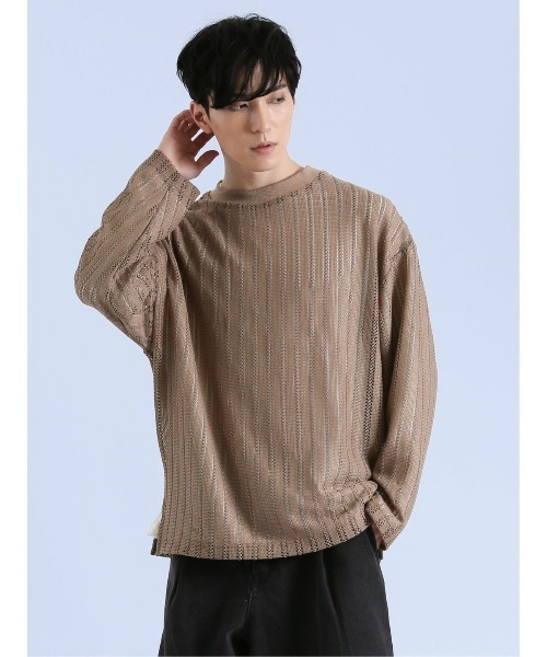 semantic design（セマンティックデザイン）の「アンサンブル 2枚 セット メンズ メッシュ Tシャツ & 無地 Tシャツ ゆったり オーバーサイズ （アンサンブル・メンズ・ベージュ/ブラウン・MEDIUM/LARGE）」の2枚目の写真