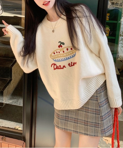 Sibra(シブラ)の「ししゅうニットプルオーバー(ニット/セーター・レディース・グリーン/ホワイト/ブラック/グレー/ピンク・M)」の1枚目の写真