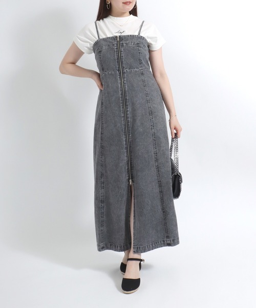 セール】フロントジップ デニムキャミワンピース/ロングスカート
