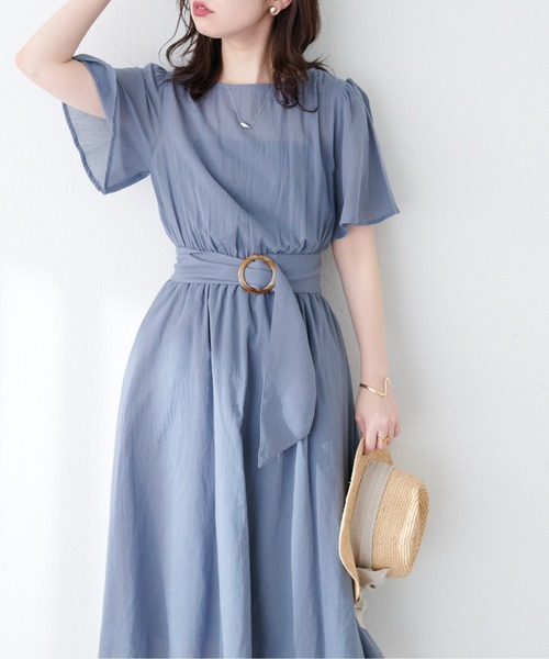 natural couture（ナチュラルクチュール）の「【WEB限定】フレア袖太ベルトワンピース（ワンピース・レディース・ブルー/ブラック/ライトベージュ/グリーン/その他2/その他1/パープル・FREE）」の4枚目の写真