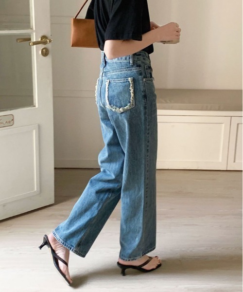 【セール】カットオフ ポケット ストレート デニム（デニムパンツ）｜kirakiraShop（キラキラショップ）