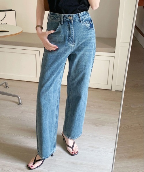kirakiraShop（キラキラショップ）の「カットオフ ポケット ストレート デニム（デニムパンツ・レディース・ブルー・M/S/XL/L）」の12枚目の写真
