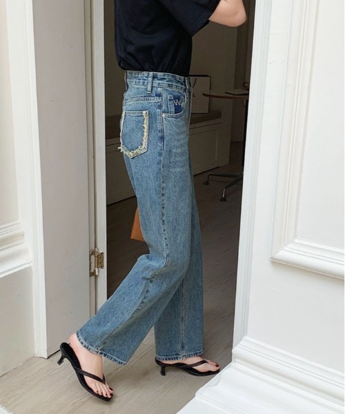 kirakiraShop（キラキラショップ）の「カットオフ ポケット ストレート デニム（デニムパンツ・レディース・ブルー・M/S/XL/L）」の13枚目の写真