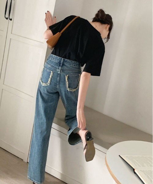 kirakiraShop（キラキラショップ）の「カットオフ ポケット ストレート デニム（デニムパンツ・レディース・ブルー・M/S/XL/L）」の15枚目の写真