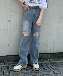 LVEU. | 【LVEU.】ダメージストレートデニムパンツ / ボトムス デニム パンツ ダメージ ワイド ルーズ 色落ち ヴィンテージ ブルー ブラック(デニムパンツ)