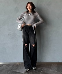 LVEU. | 【LVEU.】ダメージストレートデニムパンツ(Yurina select) / ボトムス デニム パンツ ダメージ ワイド ルーズ 色落ち ヴィンテージ ブルー ブラック(デニムパンツ)