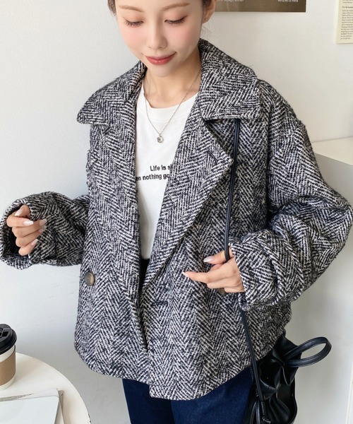 セール】フェイクウールヘリンボーン2WAYカラーショートPコート