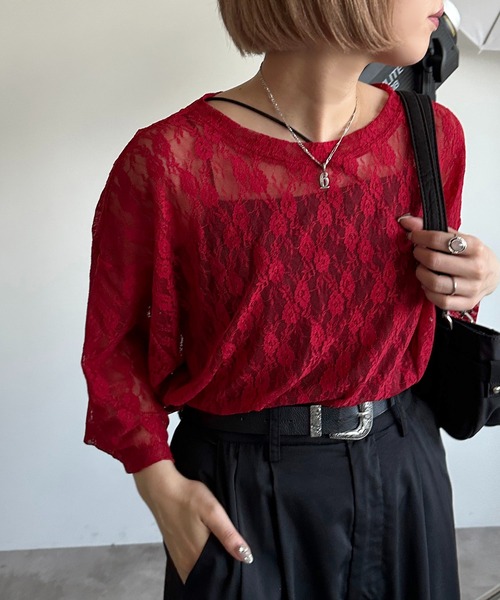 apres jour mignon(アプレジュールミニョン)の「レースBIGT【ZOZOTOWN限定アイテム】(Tシャツ/カットソー・レディース・レッド/ブラック/オフホワイト・X-LARGE/フリー)」の3枚目の写真
