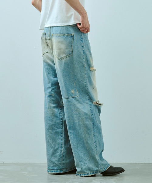 Camphor wood ワイドバギーオーバーダイ汚れ加工デニム 最終値下げ Camphor wood ジーンズ wide baggy overdye denim trousers