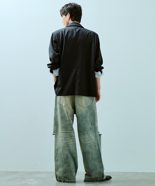 【camphor wood】wide baggy broken denim CamphorWood × Wrangler 】front zip wide baggy broken denim