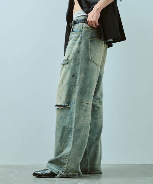 セール】wide baggy broken denim trousers / ワイドバギー汚れ