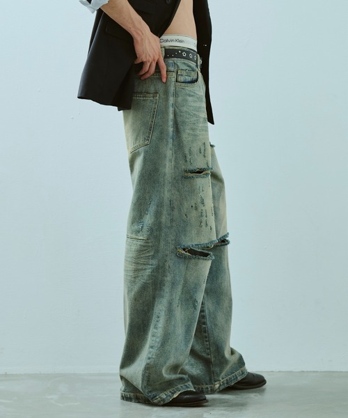 wide baggy broken denim trousers / ワイドバギー汚れ加工ダメージ