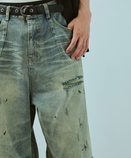 wide baggy broken denim trousers /ワイドバギー wide baggy broken denim trousers / ワイドバギー汚れ加工