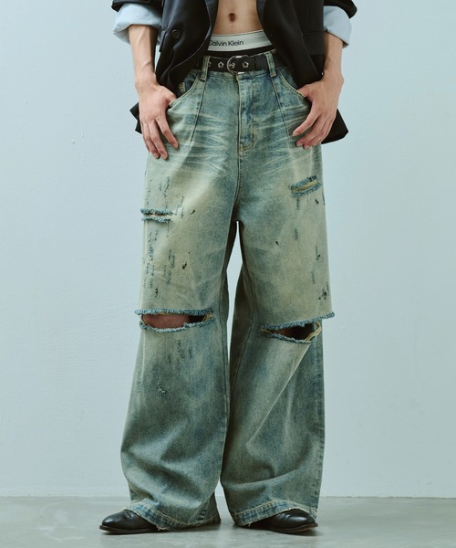 wide baggy broken denim trousers / ワイドバギー汚れ加工