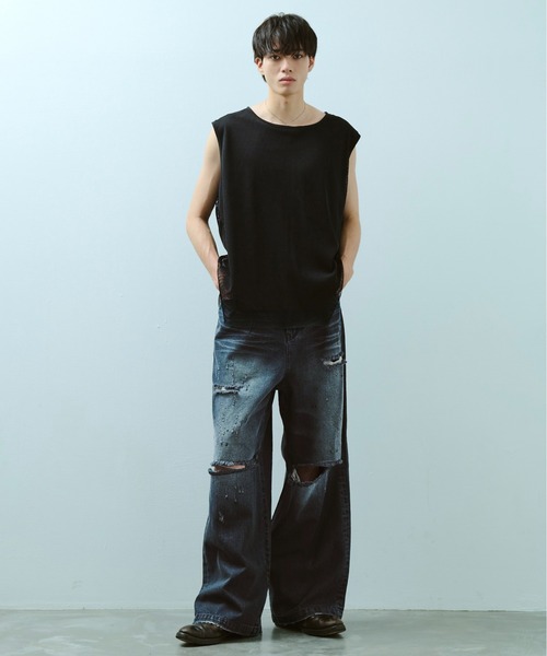 Camphor wood ワイドバギーオーバーダイ汚れ加工デニム Camphor wood ジーンズ wide baggy overdye denim trousers