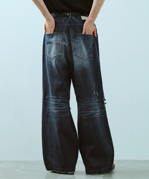 Camphor wood ワイドバギーオーバーダイ汚れ加工デニム L サイズ Camphor wood ジーンズ wide baggy overdye denim trousers