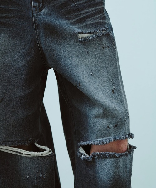 wide baggy broken denim trousers / ワイドバギー汚れ加工ダメージ