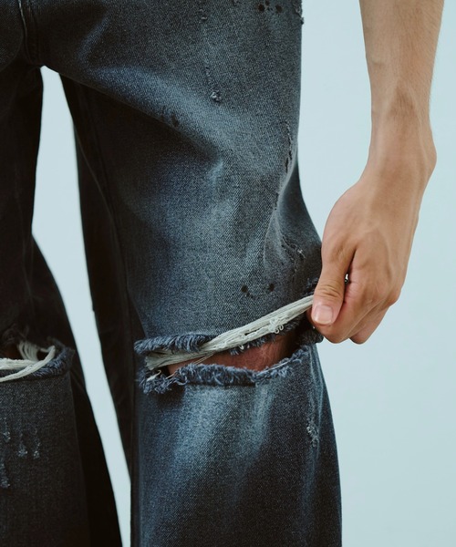 wide baggy broken denim trousers / ワイドバギー汚れ加工ダメージ