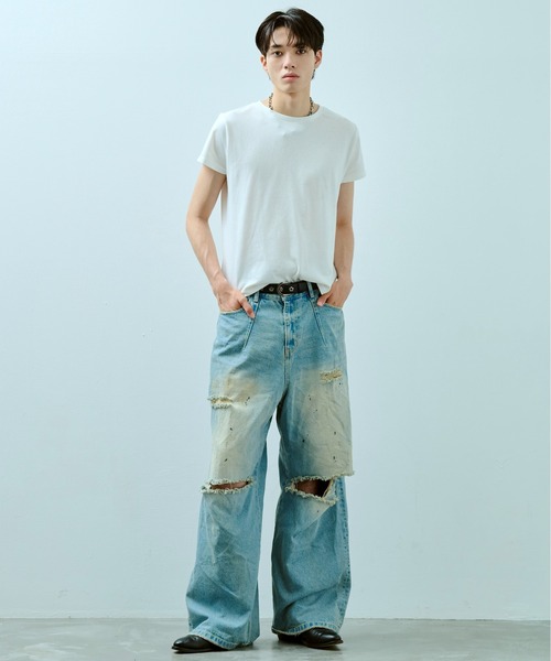 wide baggy broken denim trousers / ワイドバギー汚れ加工