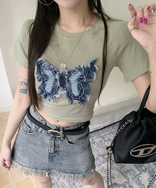 セール】【Mayree】バタフライ 蝶々 デニムパッチ クロップド Tシャツ