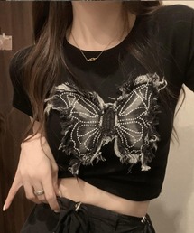 【Mayree】バタフライ 蝶々 デニムパッチ クロップド Tシャツ