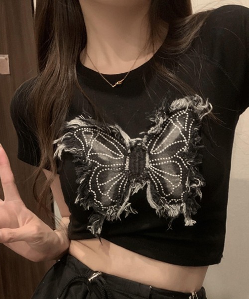 Valentino バタフライ デニム スカート 蝶々 セール】【Mayree】バタフライ 蝶々 デニムパッチ クロップド Tシャツ