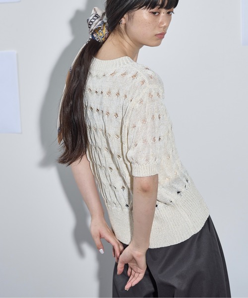 THE YOn（ザヨン）の「ラメ混シアーケーブルハーフスリーブニットプル