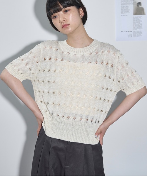 ニット セーター ラメ混ファンシーヤーンノースリーブショートプルオーバー レディース THE YOn（ザヨン）の「ラメ混シアーケーブルハーフスリーブ