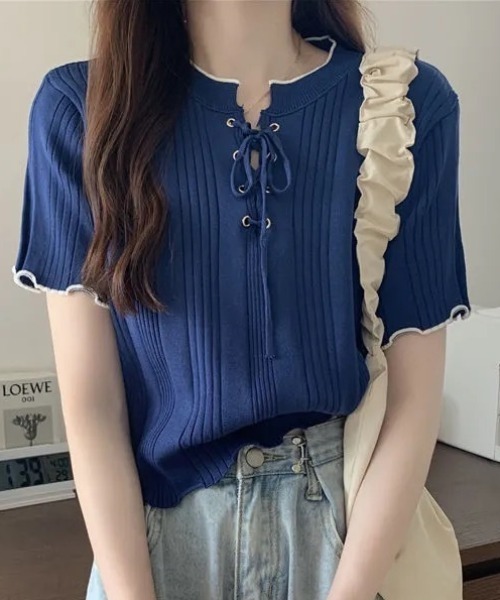 deux amour(ドゥーザムール)の「ランダムテレコメロー配色レースアップリボン半袖プルオーバー(Tシャツ/カットソー・レディース・ホワイト/ネイビー/オフホワイト・FREE)」の3枚目の写真