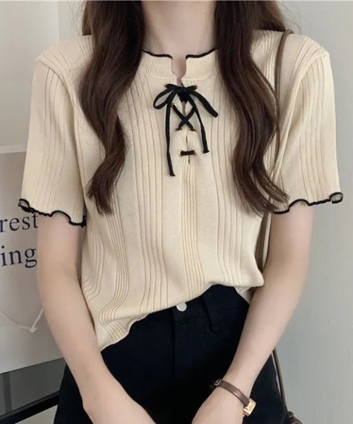 deux amour(ドゥーザムール)の「ランダムテレコメロー配色レースアップリボン半袖プルオーバー(Tシャツ/カットソー・レディース・ホワイト/ネイビー/オフホワイト・FREE)」の2枚目の写真