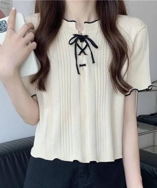 deux amour(ドゥーザムール)の「ランダムテレコメロー配色レースアップリボン半袖プルオーバー(Tシャツ/カットソー・レディース・ホワイト/ネイビー/オフホワイト・FREE)」の6枚目の写真