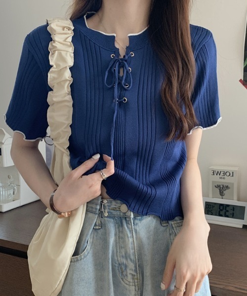 deux amour(ドゥーザムール)の「ランダムテレコメロー配色レースアップリボン半袖プルオーバー(Tシャツ/カットソー・レディース・ホワイト/ネイビー/オフホワイト・FREE)」の10枚目の写真