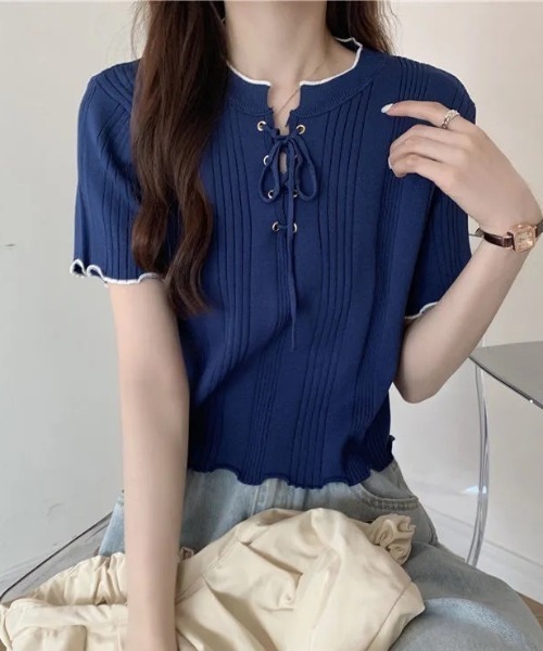 deux amour(ドゥーザムール)の「ランダムテレコメロー配色レースアップリボン半袖プルオーバー(Tシャツ/カットソー・レディース・ホワイト/ネイビー/オフホワイト・FREE)」の9枚目の写真