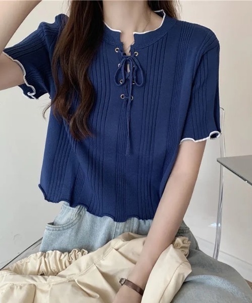 deux amour(ドゥーザムール)の「ランダムテレコメロー配色レースアップリボン半袖プルオーバー(Tシャツ/カットソー・レディース・ホワイト/ネイビー/オフホワイト・FREE)」の8枚目の写真