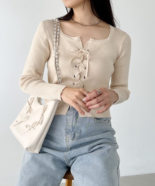 tシャツ レースアップデニムトップス レディース レースアップデニムSH|ems excite | RETRO GIRL ONLINE STORE