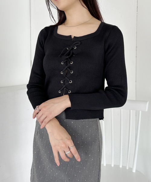 セール】レースアップ長袖ニットトップス（Tシャツ/カットソー）｜CLEA