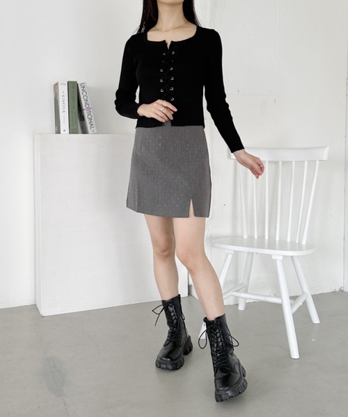 アングリッド 【F】 ニット ブラウン ドッキングシャツ レースアップ ニットトップス フロントレースアップ秋服[品番：II000010976