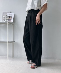 リネン混 タックテーパードロングパンツ