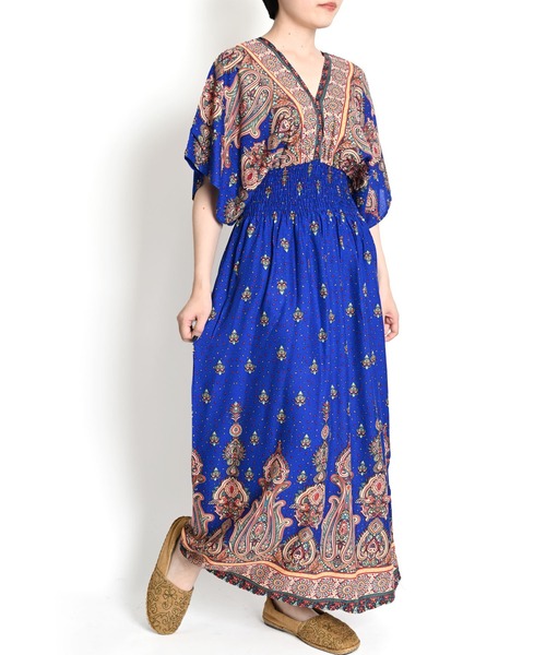 セール】エスニック総柄 半袖 シャーリング ロングワンピース