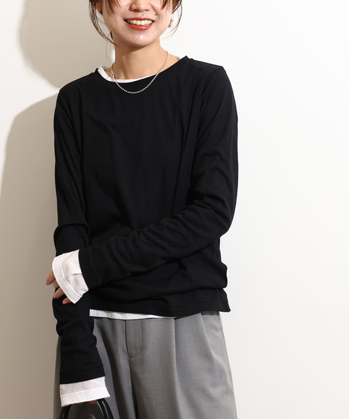 ソフトテレコクルーネックロングTEE 白と黒2枚セット 追加2》ソフトテレコクルーネックロングTEE（Tシャツ/カットソー