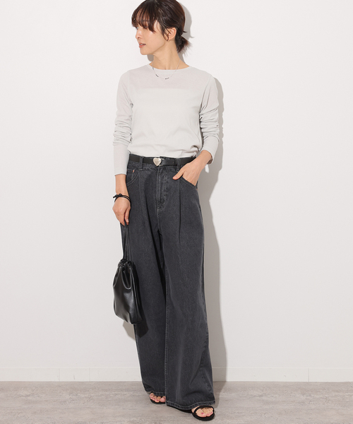 ソフトテレコクルーネックロングTEE 白と黒2枚セット 追加》ソフトテレコクルーネックロングTEE（Tシャツ／カットソー