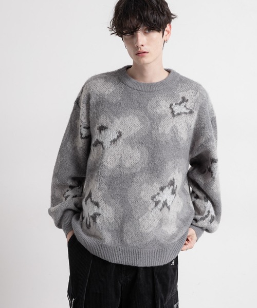 【Kayo】様　長袖　セーター　新品　グレー セール】Pattern mohair knit over loose pullover/総柄/モヘヤクルー