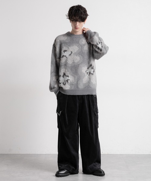 セール】Pattern mohair knit over loose pullover/総柄/モヘヤクルー